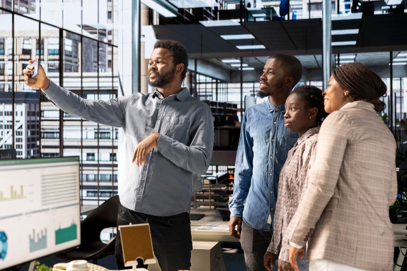 Founder presenting to three colleagues in a modern office