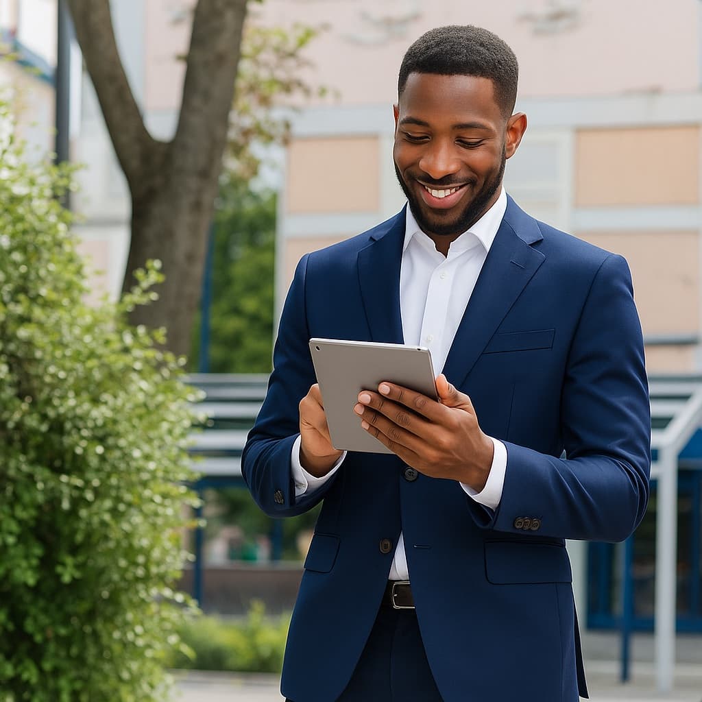 Smiling businessman in a navy suit using a tablet outdoors