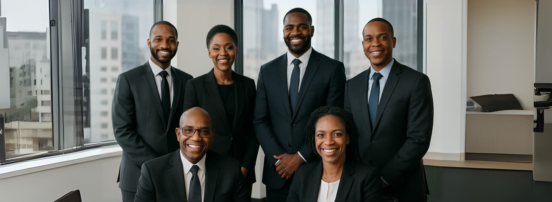 A board of directors posing for a group photo in an office