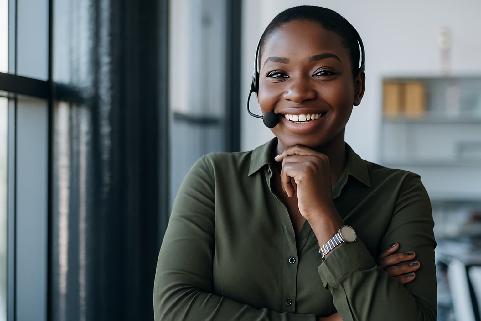 A smiling NASDeP support agent wearing a headset